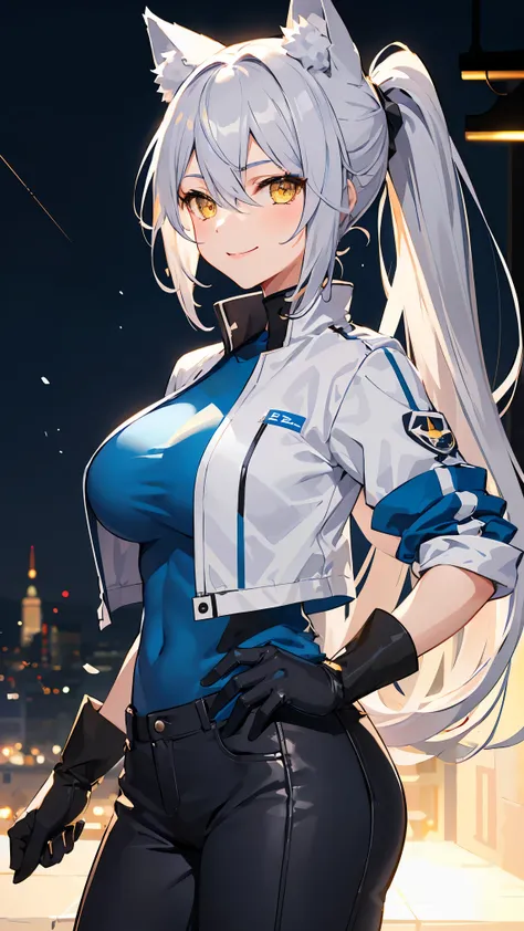 1girl, blue shirt, blue gloves, silver jacket, smile, long ponytail hair, hair between eyes ,gray hair, yellow eyes, wolf ears, large breast, tomboy, wallpaper, landscape, depth of field, night, light particles, light rays, sidelighting, long pants