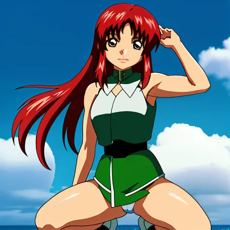 real photos、real photos、real image、Highest image quality、Meilin Hawk、Squatting、spread legs、show white panties,Anime girl with red hair and green and white dress standing in front of a blue sky, Erza Scarlet as a real person, saiyan girl, portrait zodiac gi...