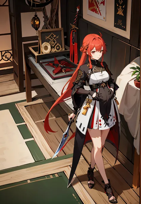 a woman in a dress holding a dagger and a dagger, video game character, from arknights, fox nobushi holding a dagger, hajime yatate, keqing from genshin impact, red haired deity, with small sword, ayaka genshin impact, female action anime girl, official ch...