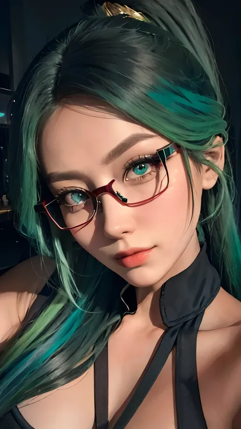 ((lifelike, original photo, best quality, masterpiece :1.3)), a beautiful woman, Urzan,long hair,Long ponytail,grey-blue hair and green hair, Long ponytail, charming gaze,light green eyes,red glasses,Red Half-rimmed Glasses, Surreal, dynamic lighting, Cine...