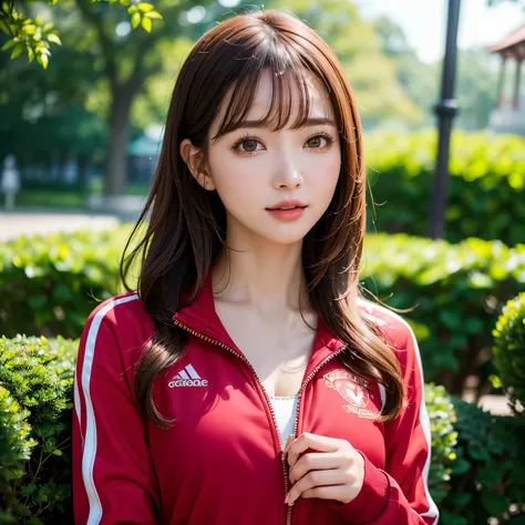 (highest quality、table top、8K、best image quality、Award-winning work)、one beautiful woman、Shining beautiful skin、(the most stylish red tracksuit:1.2)、(Opening the jersey zipper reveals a small cleavage:1.3)、(The most natural and perfect tracksuit:1.2)、Shini...