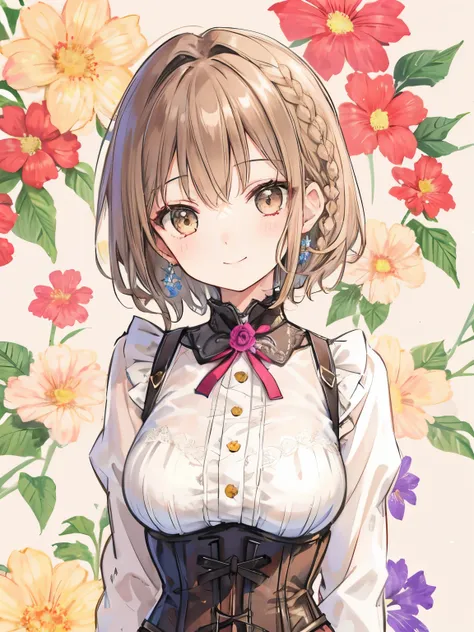 girl,(light brown hair),(short hair),(braid:1.2),((corset)),(pantyhose),big smile,cute,close up of face,(flower background:1.3),