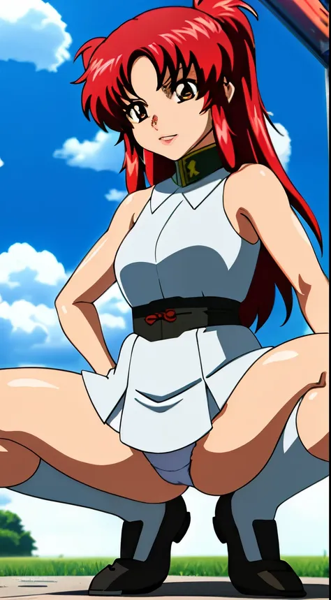 real photos、real photos、real image、Highest image quality、Meilin Hawk、Squatting、spread legs、show white panties,Anime girl with red hair and green and white dress standing in front of a blue sky, Erza Scarlet as a real person, saiyan girl, portrait zodiac gi...