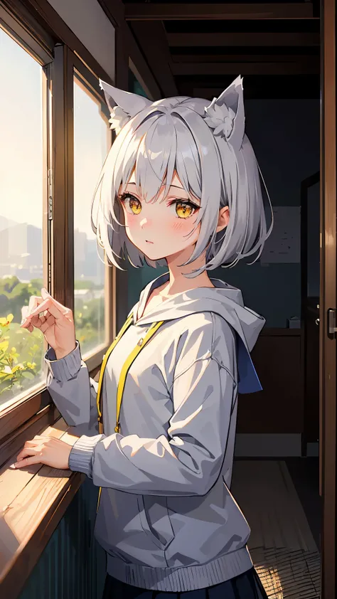 1girl, blue shirt, silver hoodie, shy, blush, wild bob cut hair, gray hair, yellow eyes, wolf ears, small breast, tomboy, wallpaper, landscape, depth of field, noon, light particles, light rays, sidelighting, male japanese school uniform