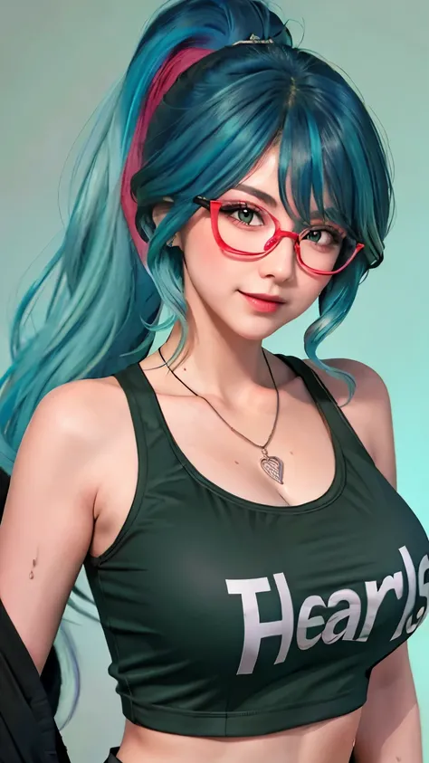 1 girl, Heart-shaped pupils, nail, grey-blue hair and green hair, Long ponytail, light green eyes,red glasses，Red Half-rimmed Glasses， (blush:1.1), necklace, Upper body, trembling, Sweat, 滴Sweat水, Heart, (big breasts:0.6), like, Heart, crop top, Cheerful, ...