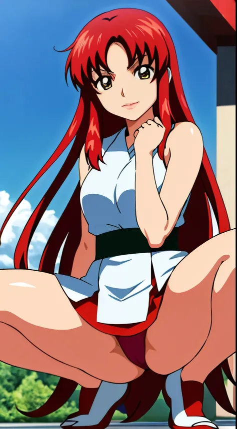 real photos、real photos、real image、Highest image quality、Meilin Hawk、Squatting、spread legs、show white panties,Anime girl with red hair and green and white dress standing in front of a blue sky, Erza Scarlet as a real person, saiyan girl, portrait zodiac gi...