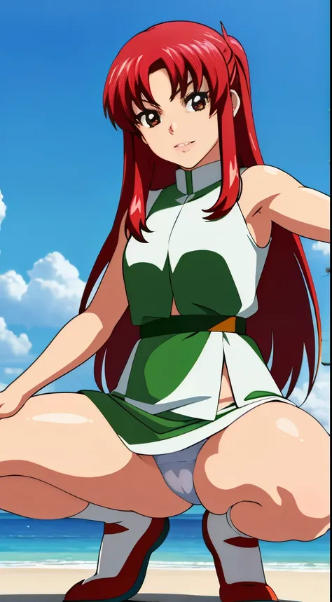 real photos、real photos、real image、Highest image quality、Meilin Hawk、Squatting、spread legs、show white panties,Anime girl with red hair and green and white dress standing in front of a blue sky, Erza Scarlet as a real person, saiyan girl, portrait zodiac gi...