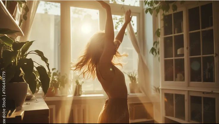 araffe woman in a dress dancing in front of a window, golden hour sunlight, summer morning light, radiant morning light, cinematic morning light, strong sunlight, praising the sun, afternoon sunlight, morning golden hour, sunshine light, sunny amber mornin...