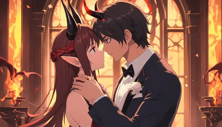 1 man (demon lord, demon horns, wearing tuxedo) and 1 woman (demon lord, demon horns, wearing tuxedo), both kissing each other, frenchkiss, detailed eyes, detailed face, detailed outfit, the background is dark old mansion, half body illustration, absurdres...