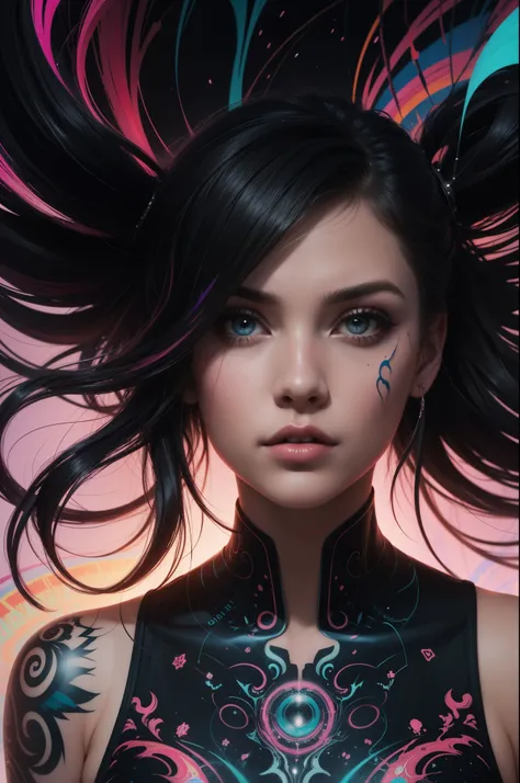 Alison tyler in psychedelic style abstract beauty,emo girl,hard tattooed,nose piercing,red and black strands, centered, looking at the camera, approaching perfection, dynamic, twilight, highly detailed, digital painting, artstation, concept art, smooth, sh...