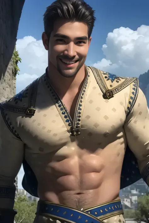 King Magnifico, solo, 1boy, male focus, upper body focus, close up, smirking smile, muscular, hairy chest, outside, landscape, village, sky, daylight,  athletic physique, wearing King Magnifico dress