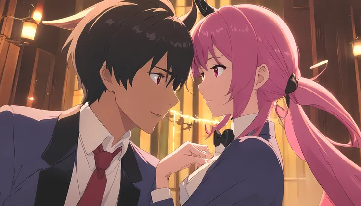 1 man (demon lord, demon horns, black hair wearing tuxedo) and 1 woman (succubus, demon horns, pink hair, wearing tuxedo), both kissing each other, frenchkiss, detailed eyes, detailed face, detailed outfit, the background is dark old mansion, half body ill...