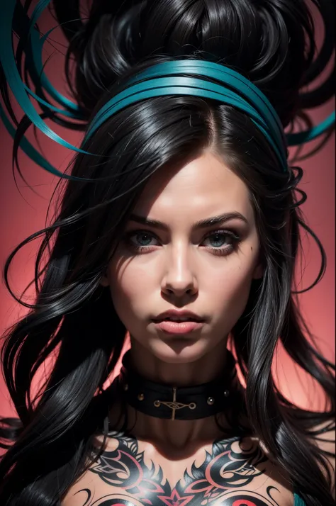 Alison Tyler in psychedelic style abstract beauty,emo girl,hard tattooed,nose piercing,red and black strands, centered, looking at the camera, approaching perfection, dynamic, twilight, highly detailed, digital painting, artstation, concept art, smooth, sh...