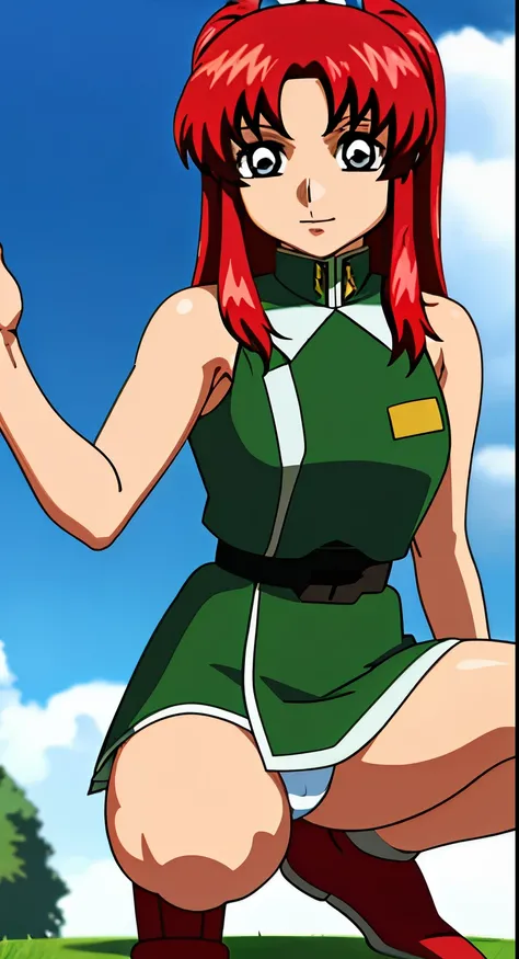 real photos、real photos、real image、Highest image quality、one knee、Meilin Hawk、Squatting、spread legs、show white panties,Anime girl with red hair and green and white dress standing in front of a blue sky, Erza Scarlet as a real person, saiyan girl, portrait ...