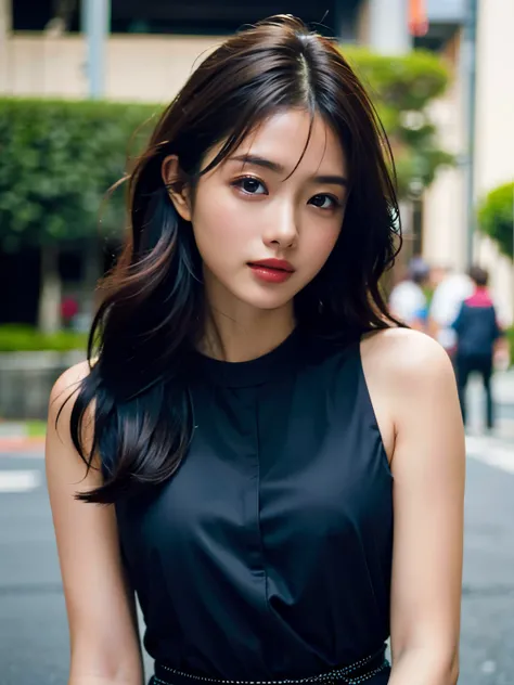 Woman posing seductive on street corner, top quality, high resolution, 8k, girl alone, outdoor, (street: 0.8), (people, crowd: 1), sleeveless dress, black dress: 1.5), gorgeouedium hair), (dynamic pose: 0.8), (upper body: 1.2), soft lighting, wind, glossy ...