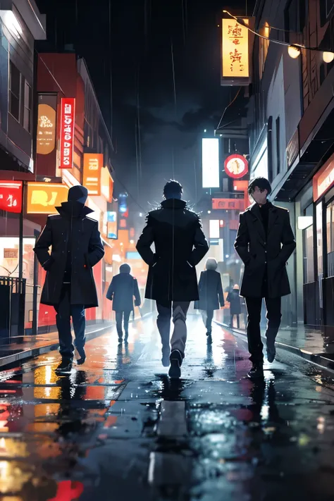 4 men runing on the road,night city,rain,coat,hands in pockets