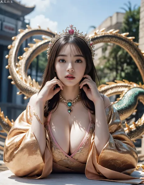 (extremely heavy breasts)、highest quality、masterpiece、ultra high resolution、（pink dragon armor）、(((Metal製))),(((big breasts)))、(((Detailed revealing pink micro bikini))),(she wears a beautiful crown made of precious stones.),(Photoreal:1.4)、RAW photo、1 gir...