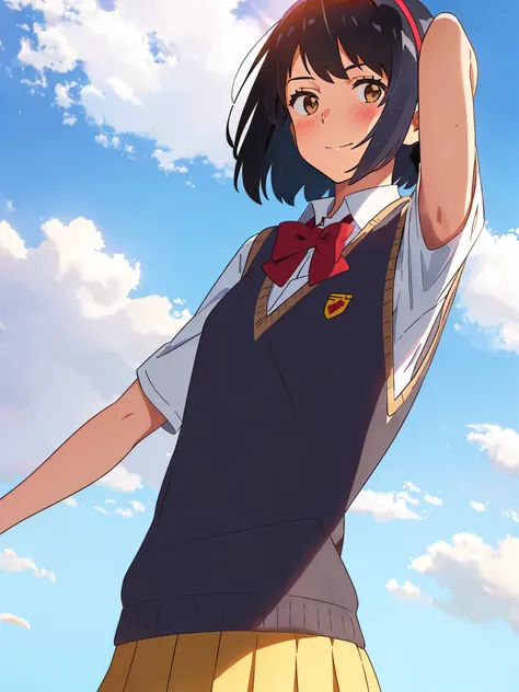 Show your armpits,shinkai makoto, kimi no na wa., 1 girl, bangs, black hair, blue null, blush, bow, bowtie, brown eyes, cloud, collared shirt, hair ribbon, hair band, looking at the viewer, negative space, outdoor, red bow, red bowtie, red hair band, red r...