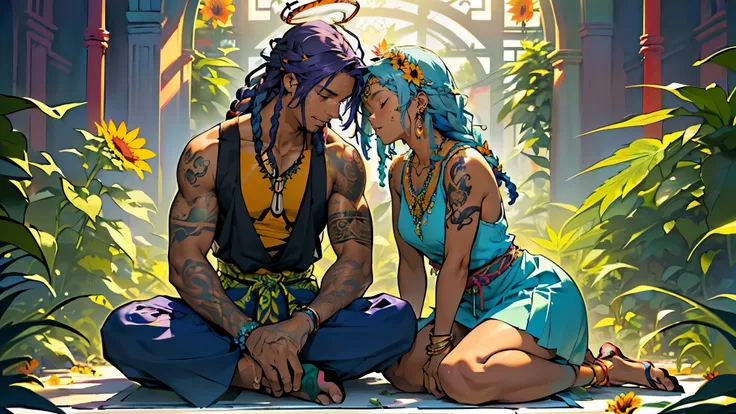 (Exterior: cannabis indica temple garden with sunflowers and tulips in bloom with overgrown cannabis shrubs), the scene depicting two lovers sharing a peaceful morning together,
((Figure 1: 1girl, dark-skinned Haitian woman, plump, violet hair, multicolore...