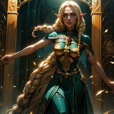 A woman blond tall elf bard wearing a long dark green and gold dress Standing in a mid-evil standing singing, long braid, glowing eyes, amber eyes, high detail, Suprematism, cinematic lighting, glowing light, Wide-Angle, masterpiece, ccurate, anatomically ...