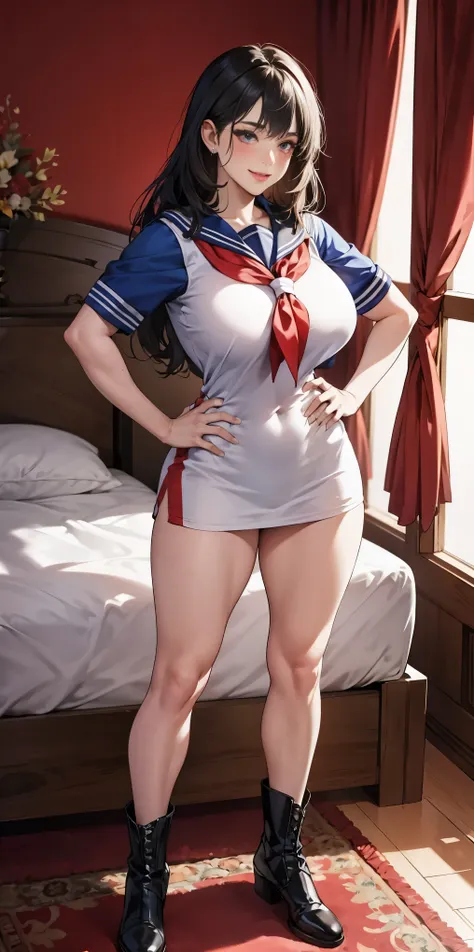 woman bodybuilder with very large calves very beautiful resemblance sailor uniform, full body standing symmetrical lustful smirk...