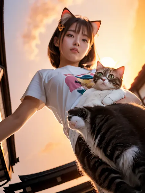 4K.HD. (Masterpiece, Best Quality, ) ,bokeh, a girl, Light brown beautiful hair, Light brown eyes, Plump breast, Blushed face, (cat ear:1.2), colourful t-shirt,  (Japanese idle:1.6), holding a pretty cat,   Looking at the viewer, (background is sunset main...