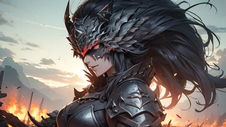 Woman in armor, her face hidden beneath an evil grin mask, towering height, wielding one sword with an unyielding grip, corrupted by the demon kings power, transformed into a demon king soldier, in the throes of berserk mode. The war vibes surround the sce...