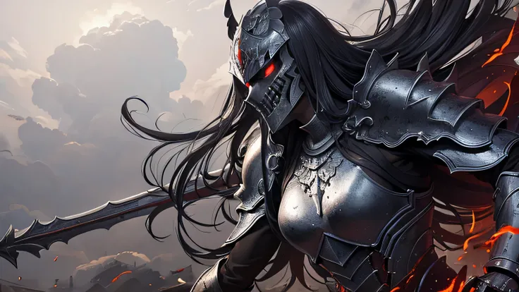 Woman in armor, her face hidden beneath an evil grin mask, towering height, wielding one sword with an unyielding grip, corrupted by the demon kings power, transformed into a demon king soldier, in the throes of berserk mode. The war vibes surround the sce...