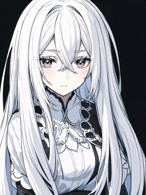 ((white hair)),((head and shoulders image)),(super-long hair),sexy,a person,alone,simple style,pancake ,simple details,black bac...