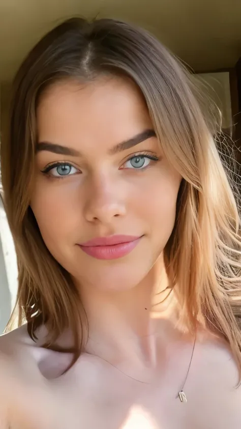 Very beautiful sexy blonde making a selfie, naked , breasts, light blue eyes, highly detailed, 18 years old, slim, innocent face, naturally wavy hair, high resolution, masterpiece, best quality, intricate high detail, highly detailed, sharp focus, detailed...