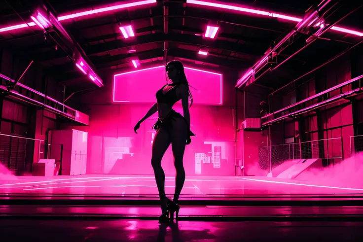 Pink neon lighting,factory warehouse background,black silhouette of devil ballet dancer,long hair that reaches to the waist,big earrings,Lulube up