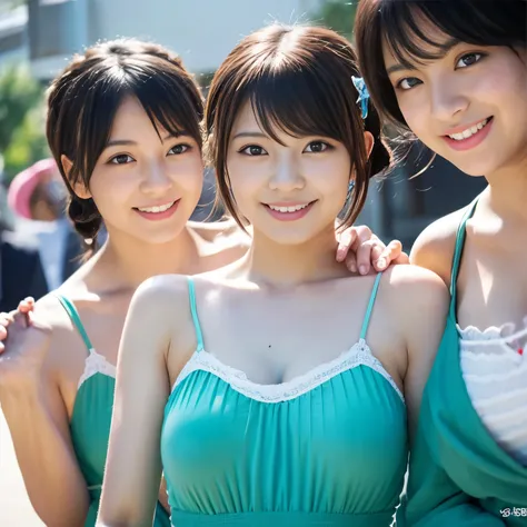 {3girls}, breasts squeeze,{{{breasts job}}},  com on breasts, big breasts, {{paffy nipples}},  nude, smile, , _oppai, LoveLive style, harem, love live!, love live! school idol project, yazawa niko, {{{red eyes}}}, {{short twintails}}, {{{black hair}}}, red...