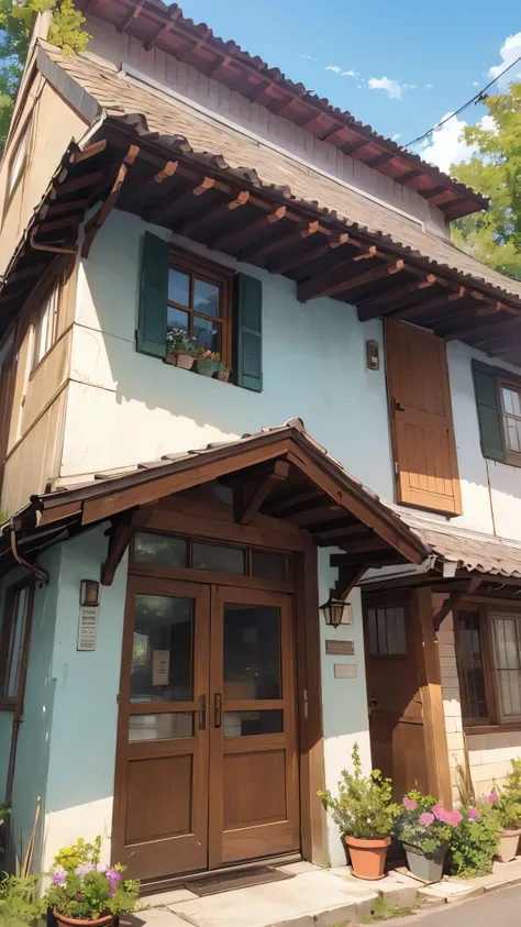 A beautiful Mediterranean-style house surrounded by lush pink flowers. The house has a pale white wall, brown wooden windows, and a brown tiled roof. The main entrance is made of wood with fine carved details and accompanied by an iron-framed window above ...