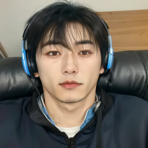 Arafed Asian man with headphones sitting on a chair, kim doyoung, taken in the early 2020s, hsiao-ron, Jinyoung Shin, hyung tae, Jung Jaehyun, hong junio hyung, Tanaka Suguru, kousuke ono, temporada yoon, serpentine contraction / Jugador Ludwig, Hombre sur...