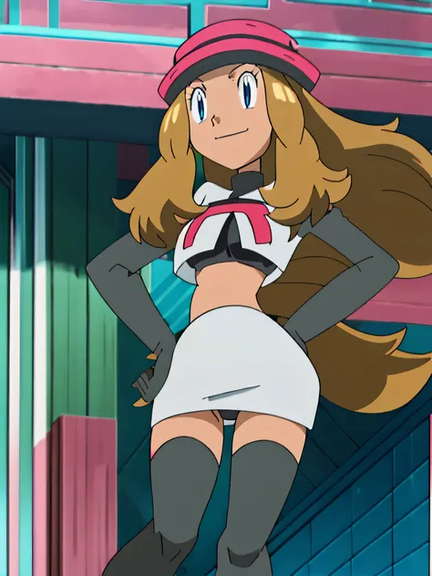 8k, anime screencap,1girl in, (solo:1.1), (perfect body:1.1), (best quality:1.1), very large breast, team rocket uniform, red letter r, white skirt,white crop top,black thigh-high boots, black elbow gloves, evil smile, looking down at viewer, hands on hips...