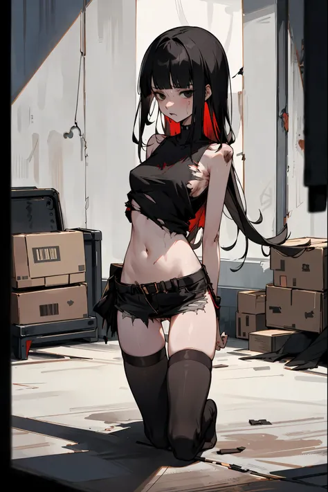 nsfw,1woman,solo,Perfect Anatomy,20year old beauty、black hair,long  hair,blunt  bangs,black eyes,slender body, smaller head、ideal ratio body proportions,medium breasts,injury、red bruise:1.2.bleed,punk rock fashion、painful expression、torn clothes、Black tank...