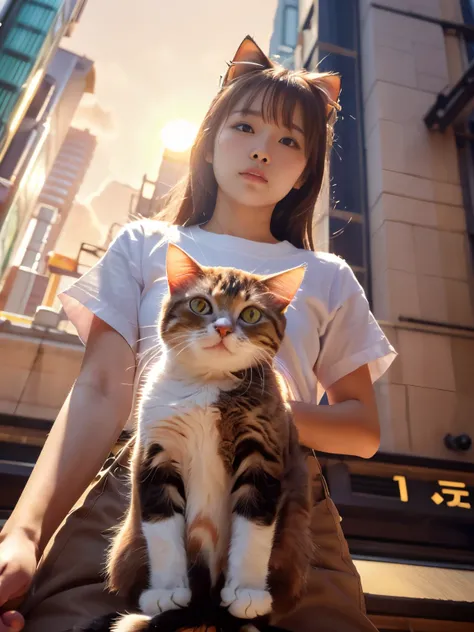 4K.HD. (Masterpiece, Best Quality, ) ,bokeh, a girl, Light brown beautiful hair, Light brown eyes, Plump breast, Blushed face, (cat ear:1.2), colourful t-shirt,  (Japanese idle:1.6), holding a pretty cat,   Looking at the viewer, (background is sunset wall...