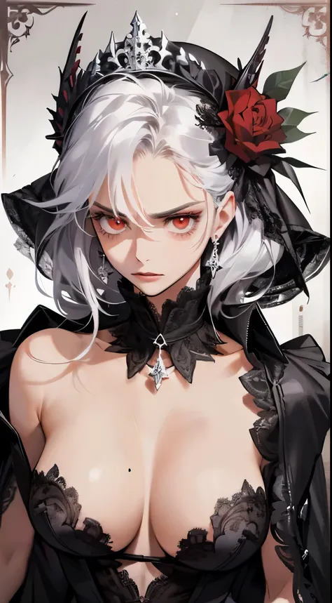 (best quality,high resolution:1.2),Super detailed,actual:1.37,a sexy, Mature and beautiful lady wearing black royal robe, Comes with lace lingerie, showing her angry expression, Close-up of her breasts, white hair, red eyes, and exposed her underwear