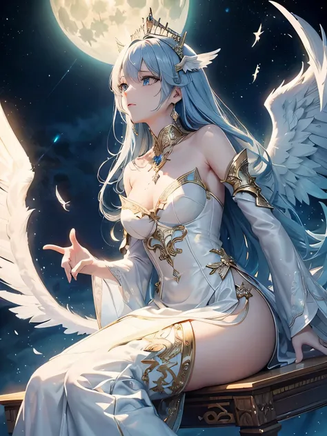 monochrome tone、fantasy、Ancient legends、full moon night、highest quality, very high resolution, 4K detail CG, masterpiece、aesthetics、Mysterious、((６Angel with wings）))charisma、Ishtar, goddess of war、increase fighting spirit、invincible general、Be Brave and bo...