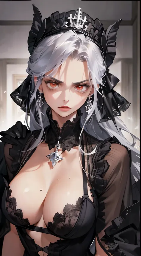 (best quality,high resolution:1.2),Super detailed,actual:1.37,a sexy, Mature and beautiful lady wearing black royal robe, Comes with lace lingerie, showing her angry expression, Close-up of her breasts, white hair, red eyes, and exposed her underwear