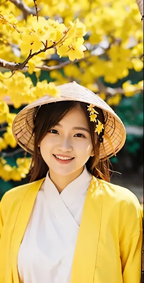 1  girls in Vietnamese in yellow longdress, 22 years old, masterpiece, best quality, realistic, cinematic,
(yellow apricot blossom, (potted flowers:0.8), flowers, falling petals, tree branch),  flower in hair, posing in garden, 