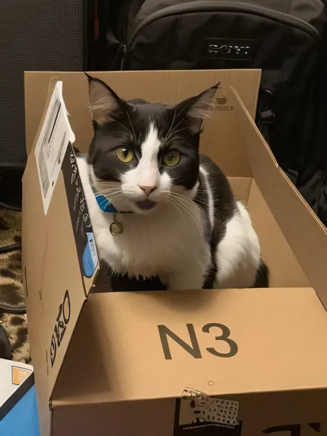 there is a cat sitting in a box on the floor, with narrow nose, inside its box, very silly looking, delivering packages for amazon, amazon in the background, very detailed!, neko, very handsome, taken with sony alpha 9, cute furry needs your help, unopened...