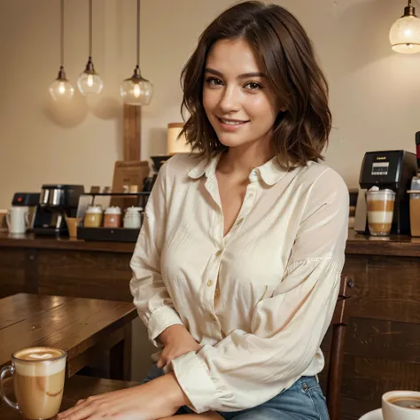 A beautiful european girl with brown eyes short hair, wavy and brown hair ,wearing a pale yellow blouse, blue jeans, sitting in a busy coffee shop decorated for Christmas, cup of coffee on the table in front of her, smiling, ultra high resolution, (photore...