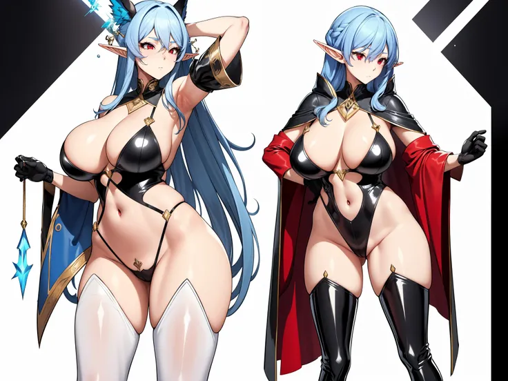 adult elf woman, light blue hair, red eyes, light skin, slim body, giant breasts, long legs, black latex gloves, high pantyhose, boots, wizard clothing, 8k, HD, masterpiece, full body, white background, design of character in various perspectives: front, r...