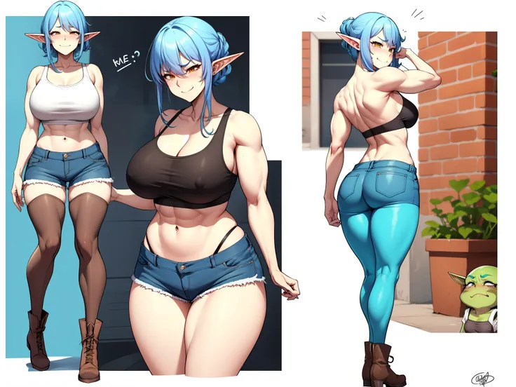 Adult goblin woman, light skin, turquoise blue hair, long shapely and muscular legs, small t shirt, huge breasts, tight shorts, high stockings, tank top, black bra, boots, 8k, hd, masterpiece, full body, white background, character sketch in various perspe...