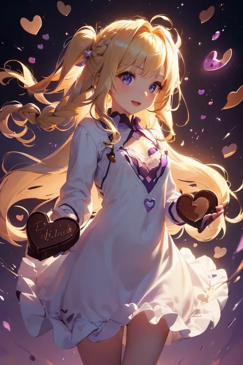 4K,1girl,sense of deps,disorganized,catch light,Super beautiful illustration,((({chocolate},heart,Hold in hand))),valentine&#39;s day,((beautiful blonde,Two Side Up Hairstyles:1.3)),((Beautiful purple eyes:1.2)),;D,beautiful and delicate flowing hair,empha...