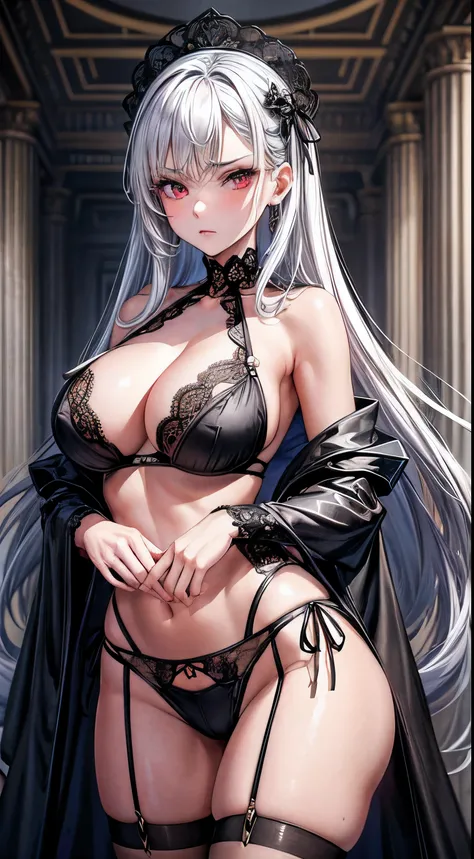 (best quality,high resolution:1.2),super detailed,actual:1.37,a sexy, Mature beautiful lady wearing black royal robe, Comes with lace lingerie, show her angry expression, Close-up of her breasts, white hair, red eyes, and exposed her underwear