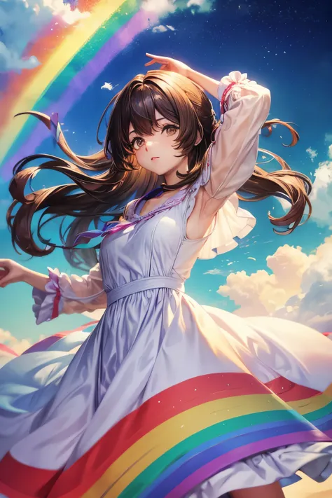 woman dancing, in a rainbow dress, dancing in the clouds, pastel colors, serene atmosphere.