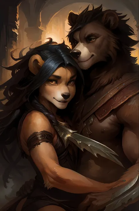 kenket, ross tran, ruan jia, bonifasko, a mighty male bear made out of (wandering barbarian), heterosexual, orange eyes, big black mane of hairs, fantasy portrait, finely detailed brown medieval underwear, intricate design, double blades, silk, cinematic l...