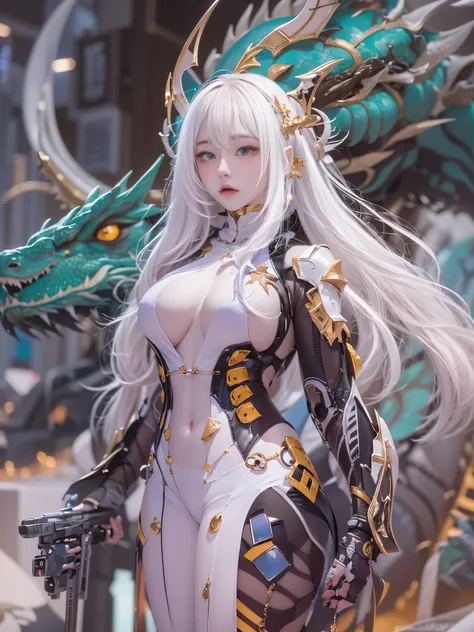 outer_space,  robot female, human face, dragon skin, dragon scale pattern ,holding dragon head weapon, with long white hair,dragon-themed, complex background:1.1,Chinese Dragon,Mecha,Cyberpunk